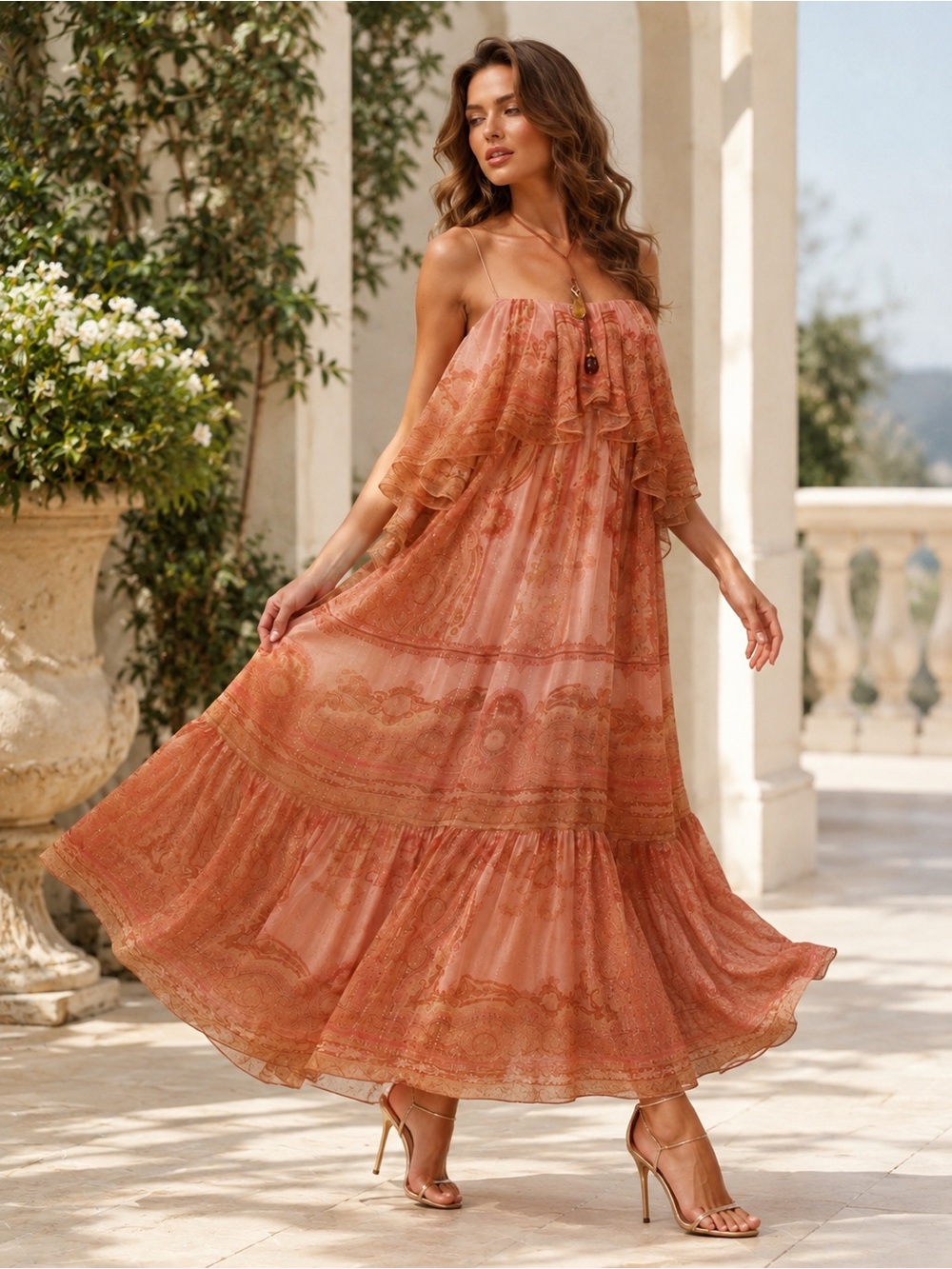 Zimmermann Terracotta Paisley Tiered Maxi Dress